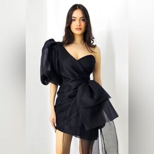 $370 NWT Kei Kei Black Tulle One Arm Mini Dress, Size 2-4